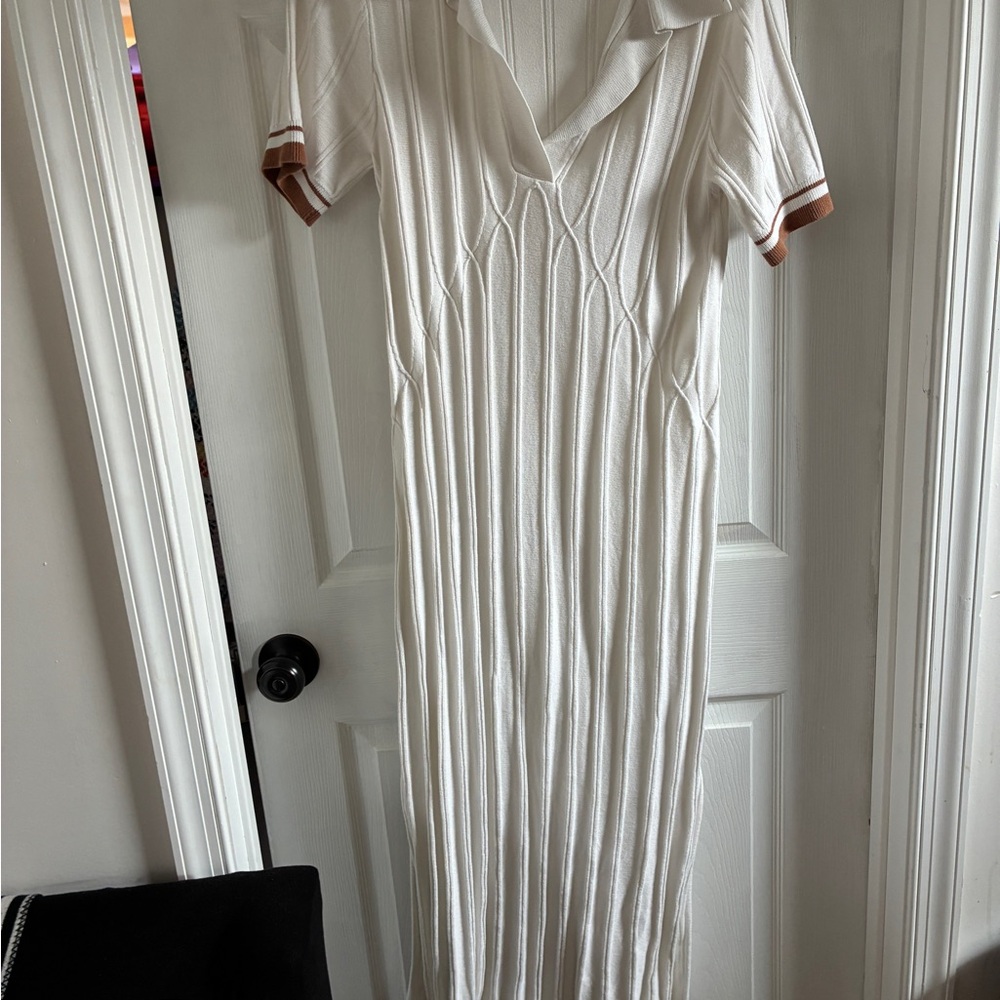 Cream Ribbed Knit Polo Dress with Contrast Trim-Anthropologie Dress